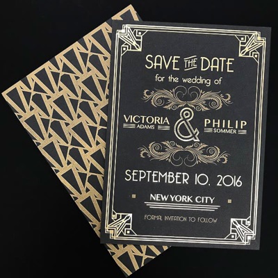 Black paper gold ink wedding invitation