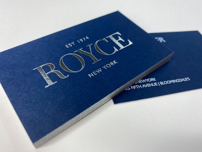 Silver gilded metallic ink on blue letterpress business card