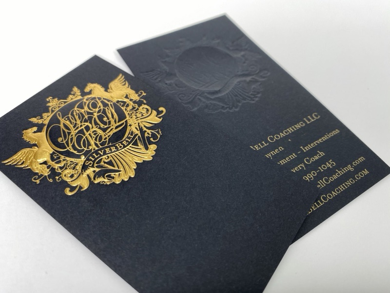 Sculptured emboss with gold foil on black business cards